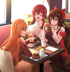 Rule 34 | 3girls, absurdres, aqua eyes, artist name, artist request, blue eyes, blush, bow, braid, breasts, brown hair, brown skirt, brown sweater, burger, closed eyes, cup, eating, emma verde, female focus, food, french fries, hair between eyes, hair bow, half updo, high ponytail, highres, holding, holding food, indoors, konoe kanata, large breasts, long hair, looking at viewer, love live!, love live! nijigasaki high school idol club, medium breasts, miniskirt, multiple girls, on chair, orange hair, osaka shizuku, parted lips, plaid, plaid skirt, pleated, pleated skirt, ponytail, purple eyes, red bow, red scarf, restaurant, scarf, sitting, skirt, smile, sweater, table, tray, turtleneck, turtleneck sweater, twin braids, twintails, vertical-striped sweater, white sweater, window