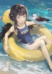 Rule 34 | 1girl, animal ears, armlet, bare shoulders, beach, bird, bird ears, bird girl, bird wings, blue eyes, blue tongue, brown hair, cacanep, character request, chinese commentary, collarbone, colored tongue, commentary request, copyright request, covered navel, fang, feathered wings, feet out of frame, from above, highres, innertube, long hair, one-piece swimsuit, open mouth, outdoors, partially submerged, solo, swim ring, swimsuit, water, weibo logo, weibo watermark, wings