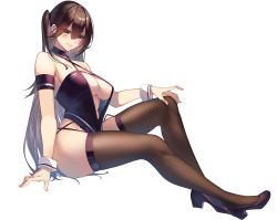 Rule 34 | 1girl, absurdres, alternate costume, arm support, azur lane, bare shoulders, black footwear, blush, breasts, brown hair, brown thighhighs, cleavage, cleavage cutout, closed mouth, clothing cutout, commentary request, full body, hair between eyes, hand on own knee, highres, large breasts, legs, long hair, looking at viewer, orange eyes, race queen, simple background, smile, solo, thighhighs, thighs, very long hair, white background, wrist cuffs, yamanokami eaka, zuikaku (azur lane), zuikaku (the wind&#039;s true name) (azur lane)