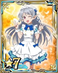 Rule 34 | 10s, 1girl, blue bow, blue ribbon, bow, card (medium), dress, grey hair, leg up, long hair, looking at viewer, maid headdress, one eye closed, open mouth, pointy ears, red eyes, ribbon, seven (sao), solo, star (symbol), sword art online, w, wrist cuffs