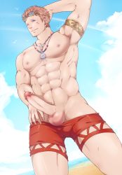 Rule 34 | 1boy, bara, beach, erection, final fantasy, highres, jewelry, looking at viewer, male focus, ocean, outdoors, penis, public indecency, sand, smile, solo, testicles, uncensored, undressing, wink