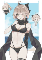 Rule 34 | 1girl, ;d, ahoge, asymmetrical sleeves, bikini, black bikini, black bow, black scarf, black sleeves, blush, border, bow, breasts, brown eyes, cleavage, cowboy shot, detached sleeves, fate/grand order, fate (series), hair bow, long sleeves, looking at viewer, medium breasts, multi-strapped bikini, navel, okita j. souji (fate), okita j. souji (first ascension) (fate), okita souji (fate), okita souji (koha-ace), one eye closed, open mouth, oshage (osyage921), scarf, short hair, silver hair, smile, solo, standing, swimsuit, uneven sleeves, white border