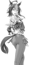 Rule 34 | 1girl, absurdres, ahoge, animal ears, ass, bracelet, commentary request, crop top, darley arabian (umamusume), ear ornament, from side, greyscale, hands on own hips, highleg, highleg panties, highres, horse ears, horse girl, horse tail, jewelry, looking at viewer, monochrome, multicolored hair, off-shoulder shirt, off shoulder, open mouth, panties, pants, shirt, smile, solo, tail, two-tone hair, umamusume, underwear, uzuki noboru (denchuu shoujo)
