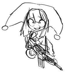 Rule 34 | 1girl, androshift, assault rifle, doodle, gun, hat, jester cap, monochrome, pomni (the amazing digital circus), rifle, simple background, sketch, smile, the amazing digital circus, weapon