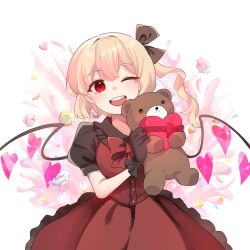 1girl ;d alt_text alternate_costume black_bow black_dress black_gloves blonde_hair bow bowtie brown_bow brown_bowtie brown_dress buttons commentary_request cowboy_shot dress flandre_scarlet frilled_dress frills gloves hair_bow heart highres holding holding_stuffed_toy medium_hair one_eye_closed open_mouth pino5563 red_bow red_eyes round_teeth side_ponytail smile solo sparkle standing stuffed_animal stuffed_toy teddy_bear teeth touhou upper_teeth_only wings