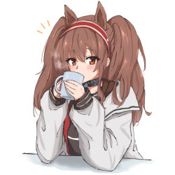 Rule 34 | 1girl, angelina (arknights), animal ears, arknights, blush, brown hair, coat, coffee mug, collar, commentary request, cup, drinking, fox ears, hairband, highres, holding, holding cup, infection monitor (arknights), long hair, long sleeves, looking at viewer, maiq06, mug, notice lines, open clothes, open coat, orange eyes, sidelocks, simple background, solo, steam, twintails, two-tone hairband, upper body, white background, white coat
