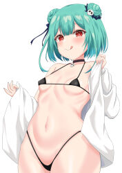 Rule 34 | 1girl, absurdres, ashiru, bikini, black bikini, black choker, blush, breasts, choker, closed mouth, covered erect nipples, cowboy shot, double bun, eyebrows, eyelashes, female focus, fingernails, green hair, hair bun, hands up, highres, hololive, hololive fantasy, long sleeves, looking at viewer, medium hair, naughty face, navel, open clothes, open shirt, petite, red eyes, shirt, simple background, small breasts, smile, solo, standing, swimsuit, tongue, tongue out, undressing, uruha rushia, uruha rushia (1st costume), virtual youtuber, white background, white shirt