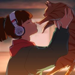 Rule 34 | 1girl, absurdres, animal, artist request, blunt bangs, brown hair, cat, closed eyes, commentary, english commentary, from side, googly eyes, headphones, highres, holding, holding animal, hood, hood down, hoodie, lofi girl, lofi girl (youtube), medium hair, official art, puckered lips, red hoodie, short ponytail, tabby cat, wireless