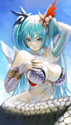 Rule 34 | 1girl, absurdres, alternate costume, aqua eyes, aqua hair, blue sky, breasts, cleavage, closed mouth, commentary, detached sleeves, earrings, english commentary, fingernails, hair between eyes, hair ornament, hatsune miku, highres, jewelry, large breasts, lips, long hair, looking at viewer, mermaid, monster girl, multiple rings, navel, outdoors, ring, sky, smile, solo, sr911656337775, twintails, vocaloid, white sleeves