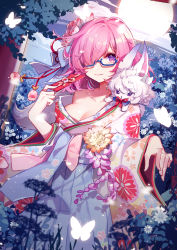 Rule 34 | 1girl, absurdres, ai xiao meng, blue-framed eyewear, blue hakama, blush, breasts, bug, butterfly, cleavage, closed mouth, cloud, collarbone, commentary request, creature, eyebrows hidden by hair, fate/grand order, fate (series), floral print, fou (fate), full moon, glasses, hair over one eye, hakama, hakama skirt, hand up, highres, holding, insect, japanese clothes, kimono, long sleeves, looking at viewer, mash kyrielight, mash kyrielight (irohanihoheto), medium breasts, moon, off shoulder, official alternate costume, on shoulder, pink hair, print kimono, purple eyes, semi-rimless eyewear, skirt, sleeves past wrists, smile, under-rim eyewear, white kimono, wide sleeves