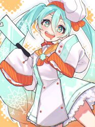 Rule 34 | 1girl, blue eyes, blue hair, blush, chef hat, cleaver, commentary, dress, drooling, english commentary, gremlinbon, hat, hatsune miku, highres, holding, holding knife, knife, looking at viewer, mouth drool, multicolored hair, open mouth, orange hair, shrimpku, sleeves past fingers, sleeves past wrists, smile, snowflakes, solo, vocaloid, yuki miku, yuki miku (2024) (applicant)