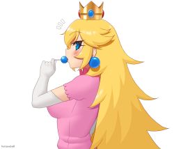 Rule 34 | 1girl, blonde hair, blue eyes, blush, breasts, commentary request, crown, dress, earrings, elbow gloves, from side, gloves, hand up, jewelry, kuroonehalf, large breasts, long hair, looking at viewer, mario (series), nintendo, notice lines, pink dress, princess peach, profile, short sleeves, simple background, solo, upper body, white background