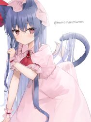Rule 34 | 1girl, alternate hair length, alternate hairstyle, animal ear fluff, animal ears, ascot, blush, brooch, cat ears, cat tail, closed mouth, dress, hair between eyes, hat, hat ribbon, highres, jewelry, long hair, mob cap, momomaron, pink dress, pink hat, purple hair, red ascot, red eyes, red ribbon, remilia scarlet, ribbon, short sleeves, simple background, solo, tail, touhou, white background, wrist cuffs