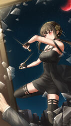 Rule 34 | 1girl, 1other, absurdres, bare shoulders, black dress, black footwear, black gloves, black hair, blush, boots, border, breasts, broken glass, cityscape, cleavage, dagger, dress, dual wielding, earrings, falling, flower, glass, gloves, gold hairband, gradient sky, guard (mungcom88), hair flower, hair ornament, hair stick, hairband, halter dress, halterneck, highres, holding, holding dagger, holding knife, holding weapon, jewelry, jumping, knife, large breasts, light particles, looking down, medium breasts, moon, night, night sky, partially fingerless gloves, pinstripe pattern, red eyes, red moon, short dress, short hair with long locks, sky, spy x family, stiletto (weapon), thigh boots, weapon, yor briar
