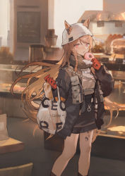 Rule 34 | 1girl, ajirui, animal ears, arknights, bag, bakery, black coat, black scarf, black skirt, black socks, bread, ceobe (arknights), ceobe (unfettered) (arknights), chain, character name, coat, dog ears, doughnut, ears through headwear, eating, feet out of frame, food, gloves, grey shirt, grocery bag, hat, highres, holding, holding food, indoors, kneehighs, long hair, looking at viewer, material growth, official alternate costume, open clothes, open coat, orange hair, oripathy lesion (arknights), parted lips, pouch, purple eyes, red gloves, scarf, shirt, shop, shopping bag, skirt, smile, socks, solo, standing, very long hair, white hat