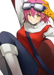 Rule 34 | 1girl, absurdres, adjusting eyewear, flcl, gloves, goggles, goggles on head, haruhara haruko, highres, looking at viewer, pink hair, simple background, smile, solo, t-lex, white background, yellow eyes, yellow gloves