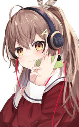 Rule 34 | 1girl, ahoge, alternate costume, blush, brown hair, closed mouth, commentary request, digital media player, feather hair ornament, feathers, hair ornament, hairclip, headphones, highres, holding digital media player, hololive, hololive english, long hair, long sleeves, looking at viewer, mixed-language commentary, nanashi mumei, own hands together, ponytail, red shirt, sailor collar, school uniform, serafuku, shirt, shuuzo3, smile, solo, upper body, virtual youtuber, white sailor collar, yellow eyes