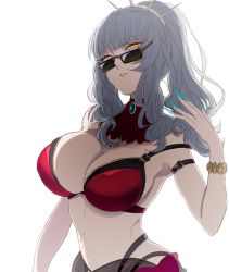 Rule 34 | 1girl, alternate costume, artist request, bad id, bad twitter id, bikini, breasts, carmilla (fate), carmilla (summertime mistress) (fate), fate/grand order, fate (series), fingernails, glasses, jewelry, large breasts, long fingernails, long hair, nail polish, necklace, silver hair, simple background, solo, sunglasses, swimsuit, white background, yellow eyes