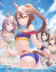 Rule 34 | 4girls, absurdres, ahoge, animal ears, artist logo, ass, bare shoulders, bikini, bikini under clothes, black hair, blue bikini, blue eyes, breasts, brown hair, cleavage, closed mouth, cloud, commentary request, covered navel, day, dress, frilled bikini, frills, green bikini, halterneck, highres, horse ears, horse girl, horse tail, jewelry, jtleeklm, kitasan black (umamusume), long hair, looking at viewer, looking to the side, medium breasts, mejiro mcqueen (ripple fairlady) (umamusume), mejiro mcqueen (umamusume), mixed-language commentary, multicolored hair, multiple girls, necklace, ocean, open mouth, outdoors, ponytail, purple eyes, purple hair, rainbow, satono diamond (umamusume), see-through, see-through dress, short hair, small breasts, smile, sparkle, streaked hair, swimsuit, tail, tokai teio (umamusume), tongue, tongue out, umamusume, wading, water, water drop, watermark, white bikini, yellow bikini, yellow eyes