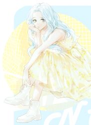 Rule 34 | 1girl, blue background, blue hair, boots, collarbone, cross-laced footwear, crossed legs, dress, floral print, forehead, from side, green eyes, hand on own chin, head rest, highres, invisible chair, lace-up boots, long hair, looking at viewer, ma yoyo, original, parted bangs, parted lips, print dress, sidelocks, simple background, sitting, sleeveless, sleeveless dress, solo, sundress, two-tone background, white footwear, yellow background, yellow dress