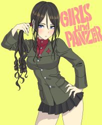 Rule 34 | 10s, 1girl, blouse, blue eyes, breasts, brown hair, buttons, closed mouth, commentary request, copyright name, cowboy shot, fingernails, girls und panzer, hand on own hip, highres, long hair, long sleeves, looking at viewer, medium breasts, miniskirt, nonna (girls und panzer), pleated skirt, red shirt, shirt, simple background, skirt, solo, standing, swept bangs, turtleneck, yamashita shun&#039;ya, yellow background
