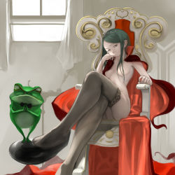 Rule 34 | 1girl, black eyes, black hair, black thighhighs, bored, bow, bowtie, breasts, cape, character request, crossed legs, curtains, foreshortening, frog, frown, garter straps, hair over breasts, hand on own cheek, hand on own face, long hair, looking at viewer, original, own hands together, shoes, sitting, solo, thighhighs, tiara, window, yama