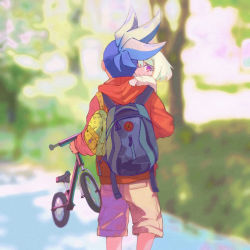 Rule 34 | aged down, asymmetrical hair, backpack, bag, bicycle, blue hair, blurry, blurry background, brown shorts, carrying, carrying person, child, from behind, galo thymos, green hair, holding, hood, hoodie, lio fotia, male focus, mohawk, promare, red hoodie, short hair, shorts, sidecut, somu ki, toddler, undercut