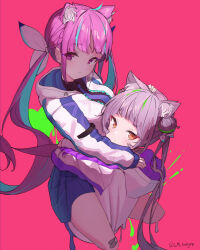 Rule 34 | 2girls, absurdres, animal ear fluff, animal ears, black shirt, blue hair, blue necktie, blue skirt, blunt bangs, braid, breasts, brown eyes, cat ears, closed mouth, commentary, green hair, grey hair, hair bun, hand on another&#039;s head, highres, hololive, hood, hooded jacket, hug, jacket, large breasts, long hair, looking at viewer, lovelyme, minato aqua, multicolored hair, multiple girls, murasaki shion, necktie, open clothes, open jacket, pleated skirt, purple eyes, purple hair, red background, shirt, single hair bun, skirt, streaked hair, twintails, twitter username, virtual youtuber, white jacket