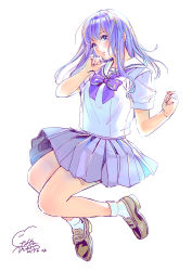 Rule 34 | 1girl, absurdres, bow, bowtie, brown footwear, closed mouth, dated, fingernails, geshumaro, hand on own cheek, hand on own face, hand up, head tilt, highres, jumping, looking at viewer, miniskirt, original, pleated skirt, purple bow, purple bowtie, purple eyes, purple hair, purple skirt, sailor collar, school uniform, serafuku, shirt, shoes, signature, simple background, skirt, smile, socks, solo, white background, white sailor collar, white shirt, white socks