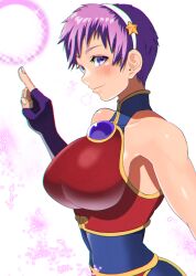 Rule 34 | 1girl, akisu k, asamiya athena, blush, breasts, chinese clothes, fingerless gloves, gloves, hair ornament, hairband, large breasts, looking at viewer, purple eyes, purple hair, short hair, simple background, skin tight, smile, snk, the king of fighters, upper body, white background, white hairband