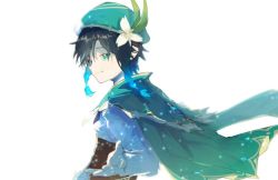 Rule 34 | 1boy, androgynous, beret, black hair, blue hair, braid, cape, collared cape, corset, flower, frilled sleeves, frills, from side, genshin impact, gradient hair, green eyes, green hat, hat, hat flower, leaf, light particles, long sleeves, looking at viewer, male focus, malja, multicolored hair, short hair with long locks, simple background, smile, solo, twin braids, venti (genshin impact), white background, white flower