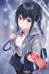 Rule 34 | 1girl, absurdres, bad id, bad pixiv id, bag, black hair, black thighhighs, blouse, blue eyes, blue skirt, blurry, bokeh, breasts, buttons, collared shirt, cowboy shot, depth of field, drawstring, dress shirt, duffel bag, from side, grey jacket, hair between eyes, highres, holding, holding umbrella, hood, hood down, hooded jacket, jacket, long hair, long sleeves, looking at viewer, miniskirt, neck ribbon, open mouth, original, pleated skirt, ponytail, rain, red ribbon, ribbon, school bag, school uniform, shirt, sidelocks, skirt, small breasts, solo, thighhighs, tokkyu, transparent, transparent umbrella, umbrella, water, wet, white shirt, zettai ryouiki