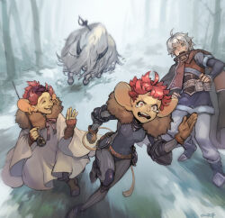 Rule 34 | 1boy, 2girls, :o, ahoge, animal ears, ape, armor, black footwear, brown gloves, brown hat, charging forward, crying, crying with eyes open, earrings, forest, fur trim, gloves, hat, highres, holding, holding wand, hoop earrings, jewelry, lucildine (pixiv fantasia last saga), mouse ears, multiple girls, nature, nishiki areku, old, old woman, outdoors, paletta (pixiv fantasia last saga), pixiv fantasia, pixiv fantasia last saga, popomaria (pixiv fantasia last saga), pouch, red hair, robe, running, short hair, smile, standing, tears, wand, waving, weapon