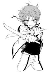 Rule 34 | &gt;:), 1boy, absurdres, baburo, blush, cropped legs, crossed wrists, cuts, dual wielding, greyscale, highres, holding, holding sword, holding weapon, injury, jacket, long sleeves, looking at viewer, male focus, midorikawa shun, monochrome, open clothes, open jacket, outstretched arms, pants, short sword, simple background, smile, smoke, smug, solo, sword, uniform, weapon, world trigger