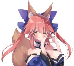 Rule 34 | 1girl, animal ear fluff, animal ears, blush, breasts, cleavage, closed mouth, commentary request, detached sleeves, fang, fate/extra, fate (series), fox ears, fox girl, fox tail, hair between eyes, heart, heart hands, japanese clothes, large breasts, long hair, looking at viewer, mei (maple 152), orange eyes, pink hair, sidelocks, simple background, skin fang, solo, tail, tamamo (fate), tamamo no mae (fate/extra), upper body, white background