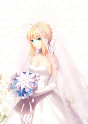 Rule 34 | 1girl, ahoge, artoria pendragon (all), artoria pendragon (fate), bare shoulders, blonde hair, bouquet, braid, bridal veil, collarbone, cowboy shot, dress, elbow gloves, eyebrows, fate/stay night, fate (series), flower, french braid, gloves, green eyes, karinzero, official alternate costume, saber (fate), saber (royal dress) (fate), smile, solo, strapless, strapless dress, transparent, veil, wedding dress, white dress, white gloves