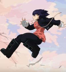Rule 34 | 1girl, black pants, blunt bangs, boku no hero academia, boots, breasts, cherry blossoms, choker, cropped jacket, face paint, fingerless gloves, full body, gloves, highres, jirou kyouka, kyelyn, long sleeves, medium breasts, pants, parted lips, pink shirt, profile, purple hair, shirt, short hair, sky, solo, white gloves