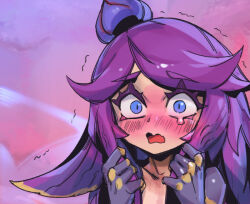 Rule 34 | 1girl, alternate costume, blush, collarbone, d:, flower, hair flower, hair ornament, hands up, league of legends, lillia (league of legends), long hair, looking at viewer, multicolored background, open mouth, phantom ix row, pink eyes, purple hair, solo, tearing up, trembling