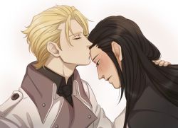 Rule 34 | 2boys, black hair, black necktie, black shirt, blonde hair, blush, brilcrist, closed eyes, collar, eyelashes, final fantasy, final fantasy vii, final fantasy vii remake, gradient background, hand on another&#039;s neck, kiss, kissing forehead, looking down, male focus, multiple boys, necktie, red eyes, rufus shinra, shirt, short hair, simple background, square enix, tseng, turks (ff7), white background, wing collar, yaoi