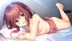 Rule 34 | 1girl, aqua eyes, ass, bedroom, breasts, crossed arms, female focus, foot up, full body, game cg, highres, indoors, long hair, looking at viewer, lying, miniskirt, miyamura miku, naked skirt, nipples, nude, hugging object, official art, on bed, on stomach, open mouth, photoshop (medium), pillow, pillow hug, plaid, plaid skirt, red hair, red skirt, skirt, small breasts, solo, topless, uchi wa mou enki dekinai.