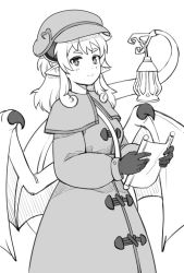 Rule 34 | 1girl, capelet, closed mouth, coat, commentary request, demon girl, demon horns, demon wings, gloves, greyscale, holding, horns, lantern, lilim (monster girl encyclopedia), long hair, long sleeves, looking at viewer, maritan (pixelmaritan), monochrome, monster girl encyclopedia, pointy ears, prehensile tail, scroll, sepia, short hair, simple background, smile, solo, standing, tail, white background, wings