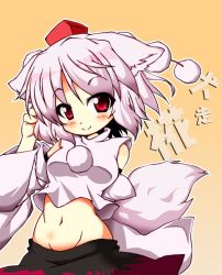 Rule 34 | 1girl, animal ears, blush, breasts, detached sleeves, groin, hand on own head, hat, inubashiri momiji, looking at viewer, midriff, navel, pom pom (clothes), red eyes, short hair, silver hair, simple background, skirt, smile, solo, tail, takasegawa yui, tokin hat, touhou, translation request, wolf ears, wolf tail, yellow background
