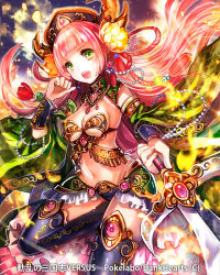 Rule 34 | 1girl, black panties, blue thighhighs, blunt bangs, bra, breasts, choker, cleavage, copyright name, copyright request, floating hair, flower, green eyes, hair flower, hair ornament, hat, holding, holding weapon, leg up, long hair, medium breasts, official art, open mouth, outdoors, panties, pink hair, rioka (southern blue sky), showgirl skirt, sideboob, solo, standing, standing on one leg, strapless, strapless bra, thighhighs, underboob, underwear, very long hair, weapon, yellow flower
