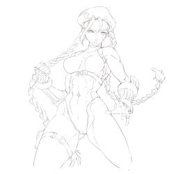 Rule 34 | 1girl, abs, braid, cameltoe, cammy white, clenched hand, closed mouth, covered abs, covered navel, covered erect nipples, fingerless gloves, gloves, hat, highres, leotard, long hair, muscular, muscular female, ozkh, pouch, scar, scar on face, simple background, sketch, solo, street fighter, thigh strap, turtleneck, twintails, white background