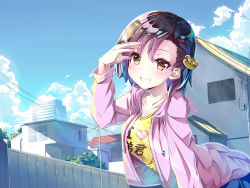 Rule 34 | 1girl, absurdres, black hair, blue hair, blue sky, blush, brown eyes, building, cloud, day, fence, gradient hair, hand up, highres, jacket, leaning forward, multicolored hair, original, parted lips, pink hair, pink jacket, power lines, sho (runatic moon), sky, smile, solo, standing, tiger hair ornament