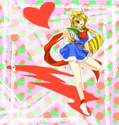 Rule 34 | 1990s (style), 1girl, akazukin chacha, belt, blonde hair, blue dress, blush, bracelet, brooch, collar, dress, heart, highres, jewelry, long hair, looking at viewer, magical princess, outline, outstretched arm, red eyes, retro artstyle, short dress, short sleeves, standing, standing on one leg, tagme, white footwear, white outline, winged hair ornament