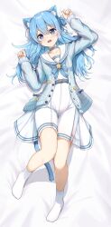 Rule 34 | 1girl, absurdres, animal ear fluff, animal ears, aoto mei, bed sheet, belt, blue cardigan, blue choker, blue eyes, blue hair, cardigan, cat ears, cat tail, choker, commission, fang, full body, hair between eyes, hair bun, highres, hololive, hoshimachi suisei, hoshimachi suisei (school uniform), knees together feet apart, knees up, long hair, long sleeves, looking at viewer, no shoes, on bed, open cardigan, open clothes, open mouth, sailor collar, school uniform, serafuku, shirt, simple background, single side bun, skeb commission, skirt, socks, solo, tail, virtual youtuber, white background, white sailor collar, white shirt, white skirt, white socks