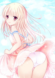 Rule 34 | 1girl, ass, bare shoulders, blonde hair, blue sky, blush, cameltoe, clothes lift, cloud, cloudy sky, day, dress, dress lift, frilled dress, frills, from behind, hair between eyes, long hair, looking at viewer, looking back, original, outdoors, panties, parted lips, pink dress, red eyes, shihou haru, sky, sleeveless, sleeveless dress, solo, thigh gap, underwear, upskirt, white panties, wind, wind lift