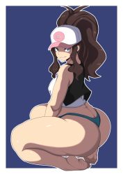 Rule 34 | 1girl, ass, bare shoulders, barefoot, baseball cap, blue eyes, breasts, brown hair, butt crack, covered erect nipples, creatures (company), feet, game freak, hat, highres, hilda (pokemon), huge ass, large breasts, long hair, looking at viewer, nintendo, oryutoo, pokemon, pokemon bw, ponytail, seiza, shirt, sitting, smile, solo, tank top, thick thighs, thighs, thong, vest, white shirt, wide hips