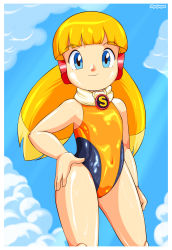 Rule 34 | 1girl, bad id, bad pixiv id, blonde hair, blue eyes, border, call (mighty no. 9), call h, competition swimsuit, contrapposto, flat chest, hand on own hip, highres, joints, long hair, low twintails, mighty no. 9, multicolored hair, one-piece swimsuit, pepipopo, robot ears, robot joints, scarf, smile, solo, standing, swimsuit, twintails, two-tone hair